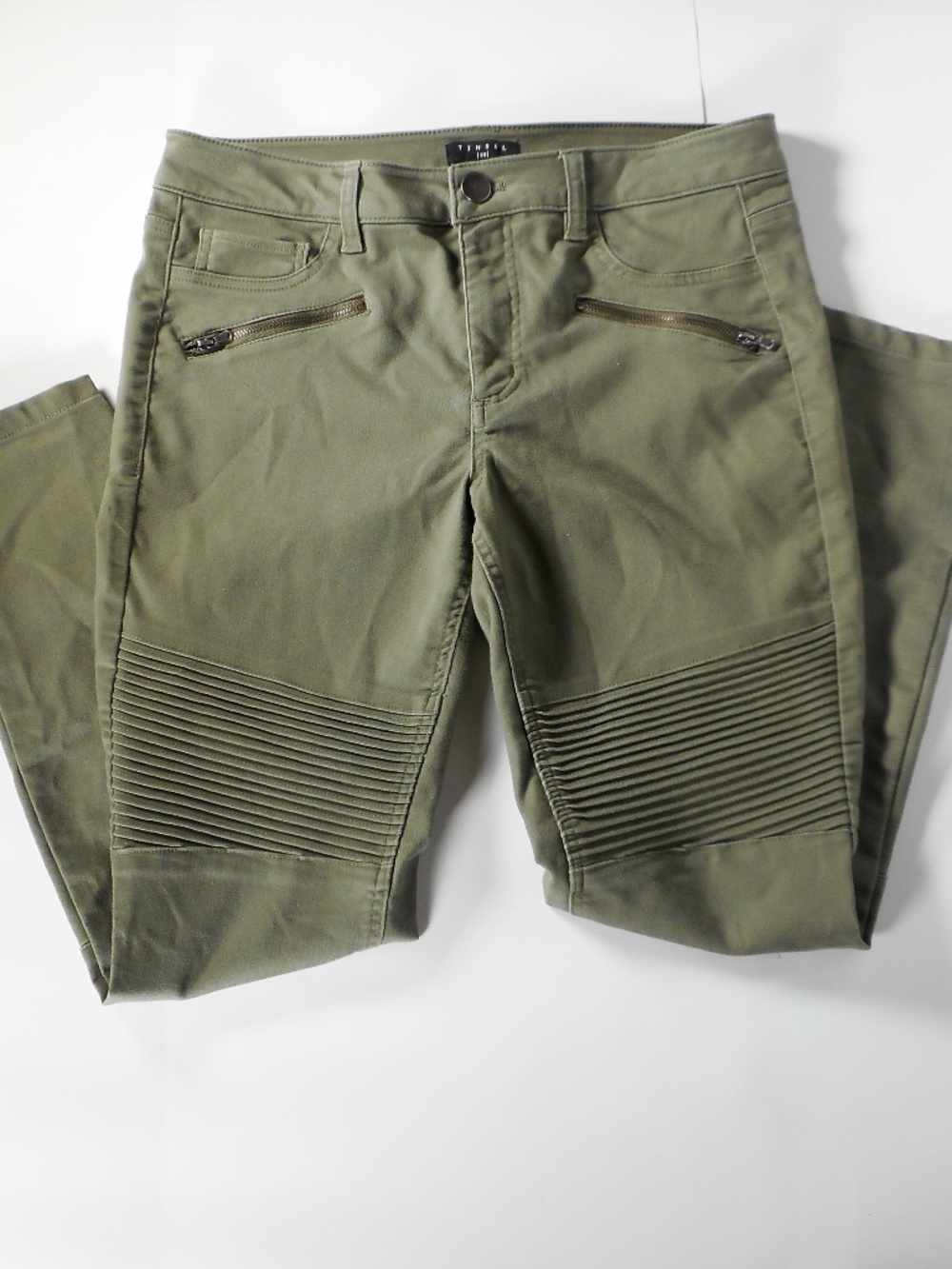 Tinsel Olive Green Moto Skinny Pant 30 31x27.5 Zipper Pleated Knee Edgy Stretch